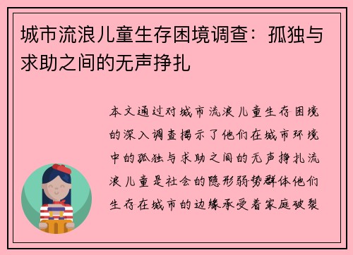 城市流浪儿童生存困境调查：孤独与求助之间的无声挣扎